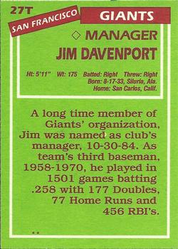 1985 Topps Traded #27T Jim Davenport Back