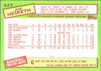 1985 Topps Traded #52T Joe Hesketh Back