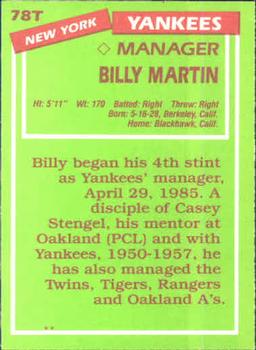 1985 Topps Traded #78T Billy Martin Back