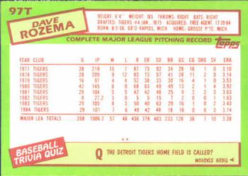 1985 Topps Traded #97T Dave Rozema Back