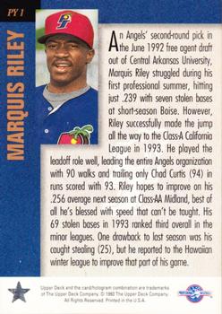 1994 Upper Deck Minor League - Player of the Year #PY1 Marquis Riley Back