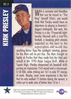 1994 Upper Deck Minor League - Top Two 1993 Draft Pick Exchange #TC2 Kirk Presley Back