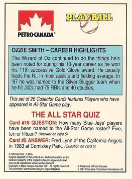 1991 Petro Canada All-Star FanFest Standups #18 Ozzie Smith Back