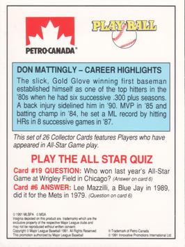 1991 Petro Canada All-Star FanFest Standups #19 Don Mattingly Back