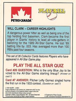 1991 Petro Canada All-Star FanFest Standups #20 Will Clark Back