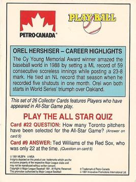 1991 Petro Canada All-Star FanFest Standups #22 Orel Hershiser Back
