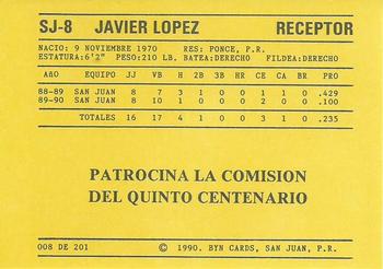 1989-90 BYN Puerto Rican Winter League #8 Javier Lopez Back
