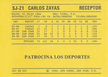 1989-90 BYN Puerto Rican Winter League #21 Carlos Zayas Back