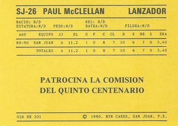 1989-90 BYN Puerto Rican Winter League #26 Paul McClellan Back