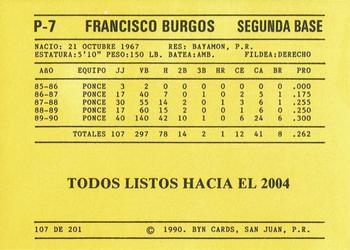 1989-90 BYN Puerto Rican Winter League #107 Francisco Burgos Back