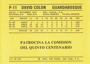 1989-90 BYN Puerto Rican Winter League #111 David Colon Back