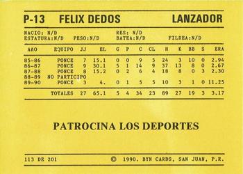 1989-90 BYN Puerto Rican Winter League #113 Felix Dedos Back