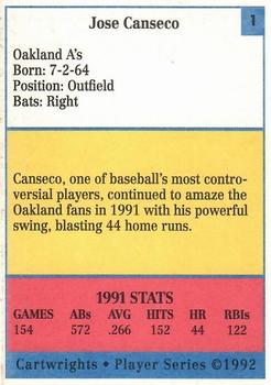 1992 Cartwrights Players Choice #1 Jose Canseco Back