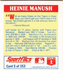 1989 Sportflics - The Unforgetables #5 Heinie Manush Back
