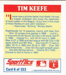 1989 Sportflics - The Unforgetables #6 Tim Keefe Back