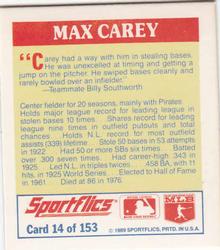 1989 Sportflics - The Unforgetables #14 Max Carey Back