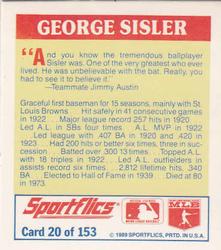 1989 Sportflics - The Unforgetables #20 George Sisler Back