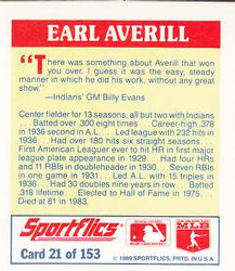 1989 Sportflics - The Unforgetables #21 Earl Averill Back
