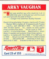 1989 Sportflics - The Unforgetables #23 Arky Vaughan Back