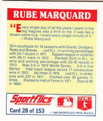 1989 Sportflics - The Unforgetables #28 Rube Marquard Back