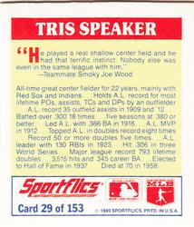 1989 Sportflics - The Unforgetables #29 Tris Speaker Back