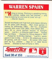1989 Sportflics - The Unforgetables #30 Warren Spahn Back