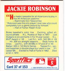 1989 Sportflics - The Unforgetables #37 Jackie Robinson Back