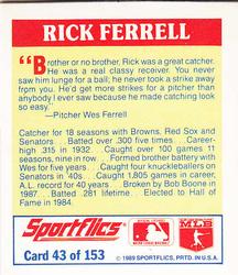 1989 Sportflics - The Unforgetables #43 Rick Ferrell Back