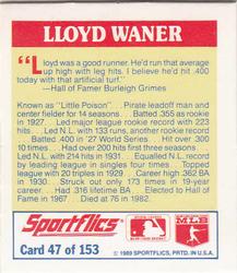 1989 Sportflics - The Unforgetables #47 Lloyd Waner Back