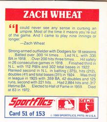 1989 Sportflics - The Unforgetables #51 Zack Wheat Back