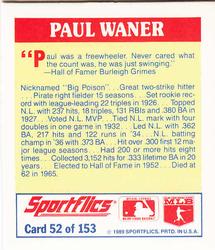 1989 Sportflics - The Unforgetables #52 Paul Waner Back