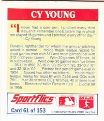 1989 Sportflics - The Unforgetables #61 Cy Young Back
