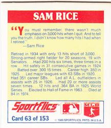 1989 Sportflics - The Unforgetables #63 Sam Rice Back