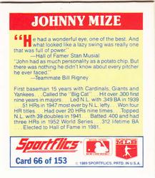 1989 Sportflics - The Unforgetables #66 Johnny Mize Back