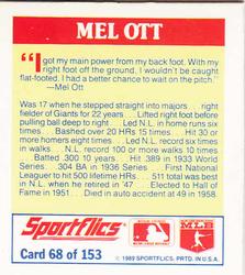 1989 Sportflics - The Unforgetables #68 Mel Ott Back