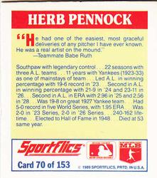 1989 Sportflics - The Unforgetables #70 Herb Pennock Back