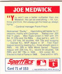 1989 Sportflics - The Unforgetables #71 Joe Medwick Back