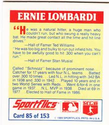 1989 Sportflics - The Unforgetables #85 Ernie Lombardi Back