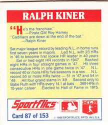 1989 Sportflics - The Unforgetables #87 Ralph Kiner Back