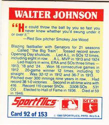 1989 Sportflics - The Unforgetables #92 Walter Johnson Back