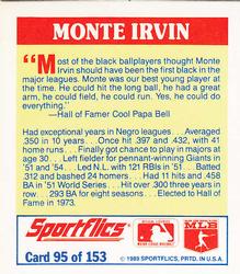 1989 Sportflics - The Unforgetables #95 Monte Irvin Back