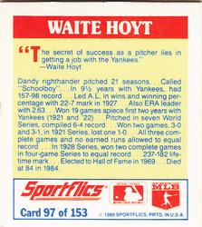 1989 Sportflics - The Unforgetables #97 Waite Hoyt Back