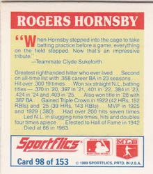 1989 Sportflics - The Unforgetables #98 Rogers Hornsby Back