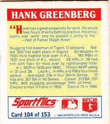 1989 Sportflics - The Unforgetables #104 Hank Greenberg Back