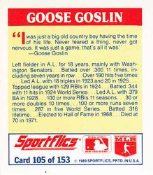 1989 Sportflics - The Unforgetables #105 Goose Goslin Back
