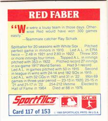 1989 Sportflics - The Unforgetables #117 Red Faber Back