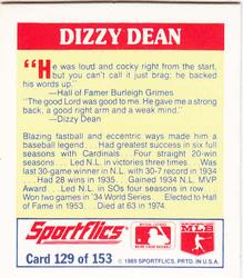 1989 Sportflics - The Unforgetables #129 Dizzy Dean Back
