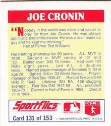 1989 Sportflics - The Unforgetables #131 Joe Cronin Back