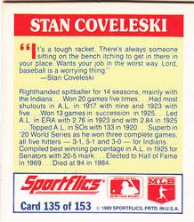 1989 Sportflics - The Unforgetables #135 Stan Coveleski Back