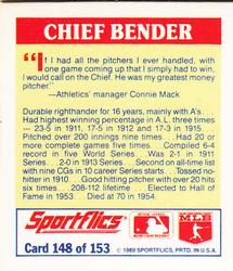 1989 Sportflics - The Unforgetables #148 Chief Bender Back